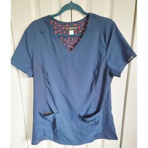 Koi Basics L Navy Scrub Top‎ Blue Short Sleeve Pockets V-Neck Stretch